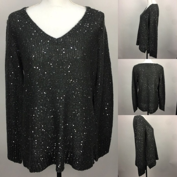Apt 9 Gray Knitted Vneck Sweater w Silver Sequin - Picture 1 of 7